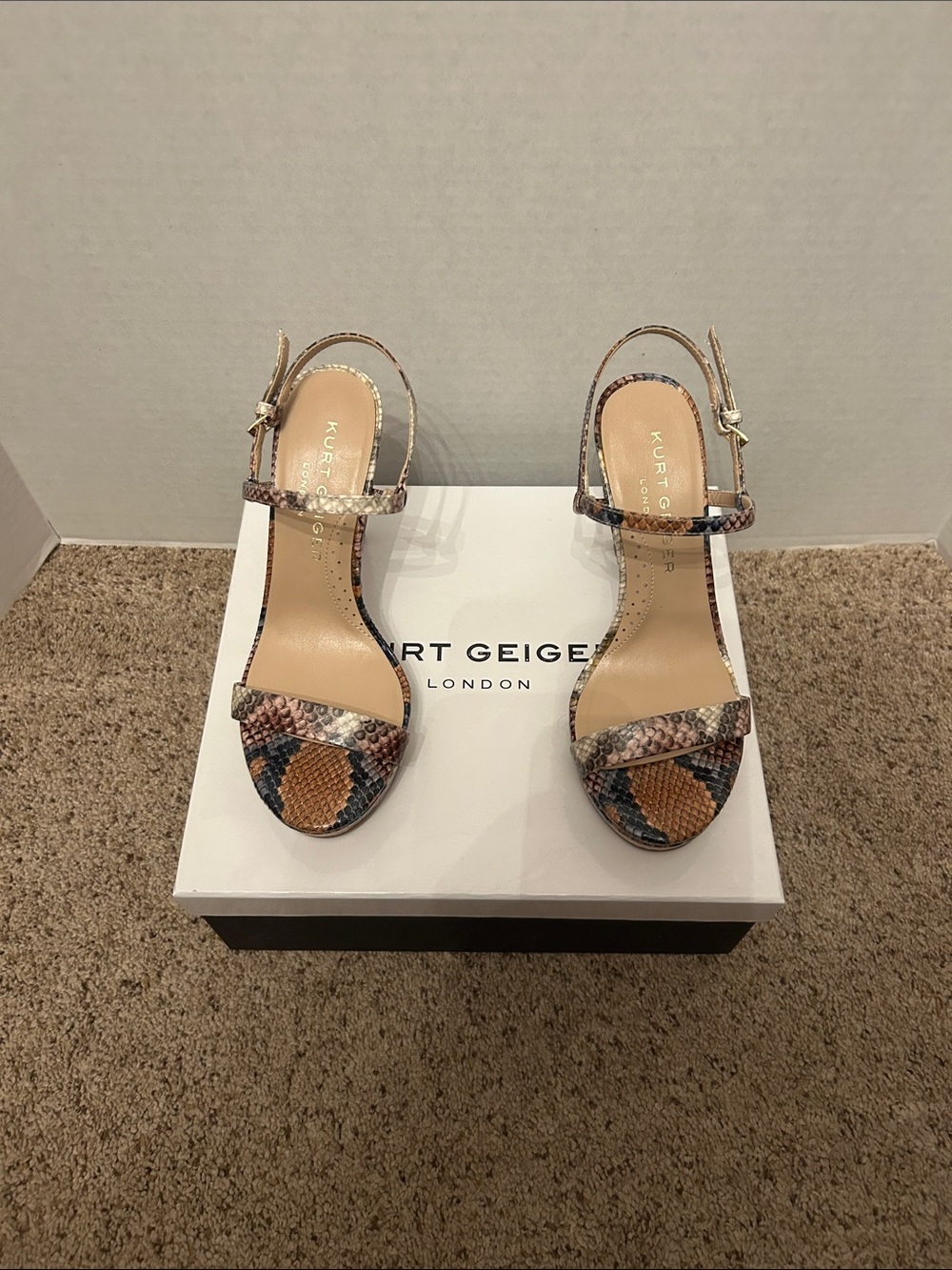 Kurt Geiger Tan, Black & Gray Snake-Print Open-Toe Ankle-Strap Heels